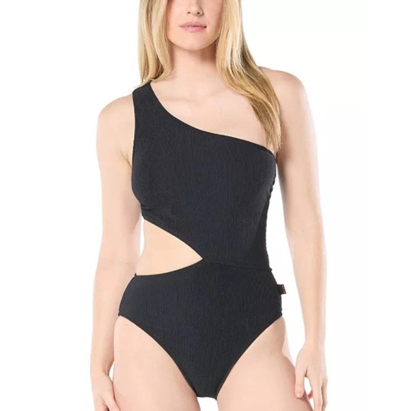 NEW Michael Kors Black Cut Out One Piece Swimsuit Size 14 One Shoulder Monokini - Picture 1 of 7